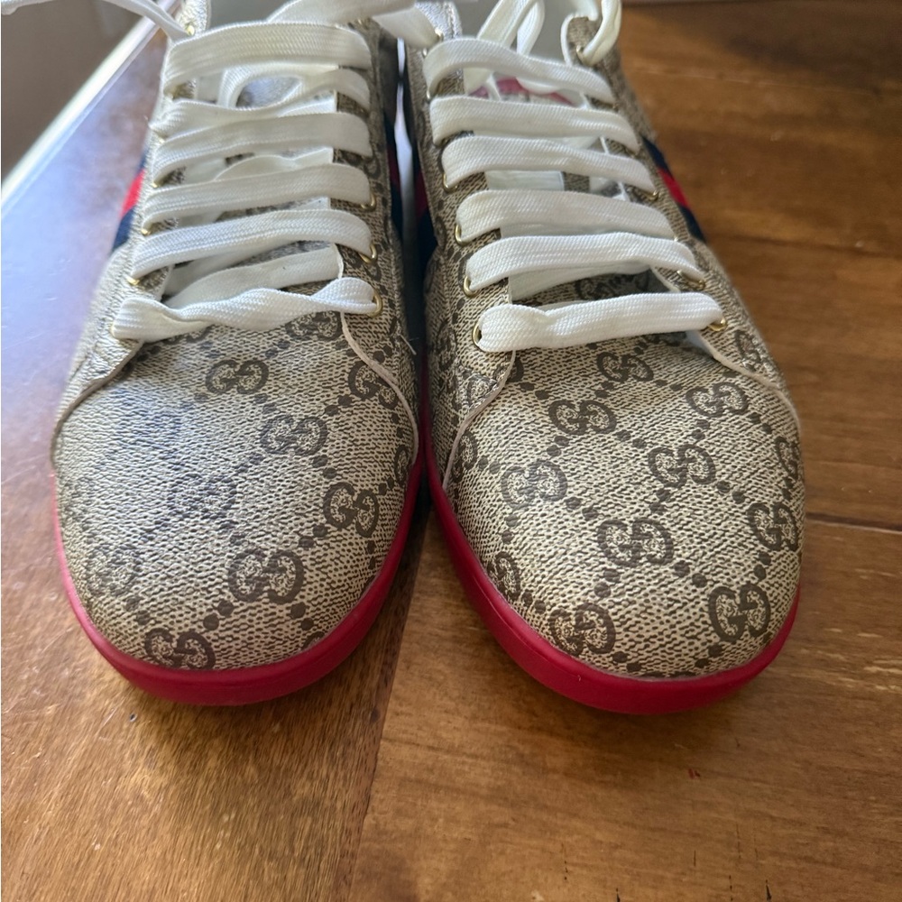 Gucci Beige and Red Monogram Sneakers